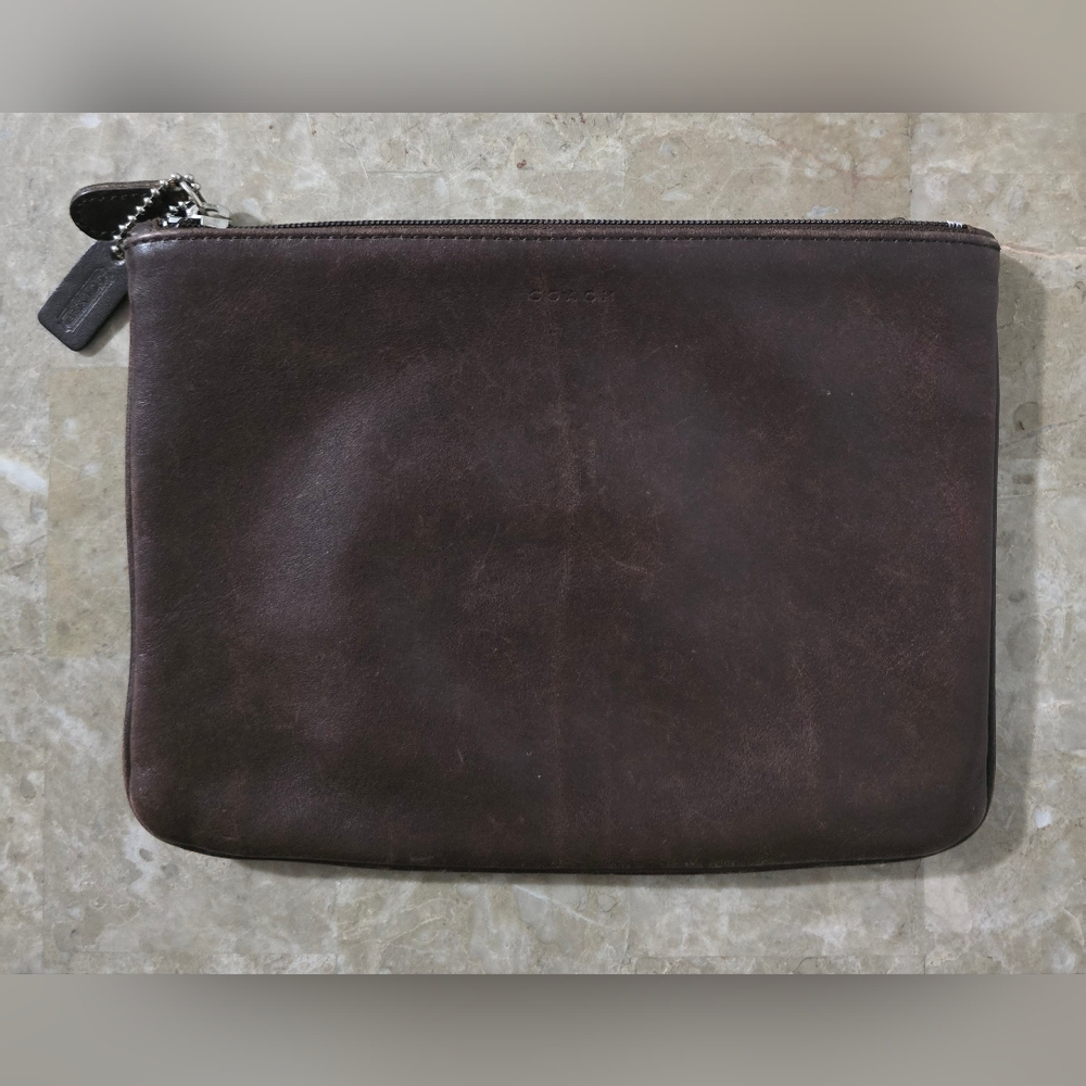 Vintage COACH Distressed Brown Leather Skinny Makeup Bag Pouch @6 x 8 Zipper Top